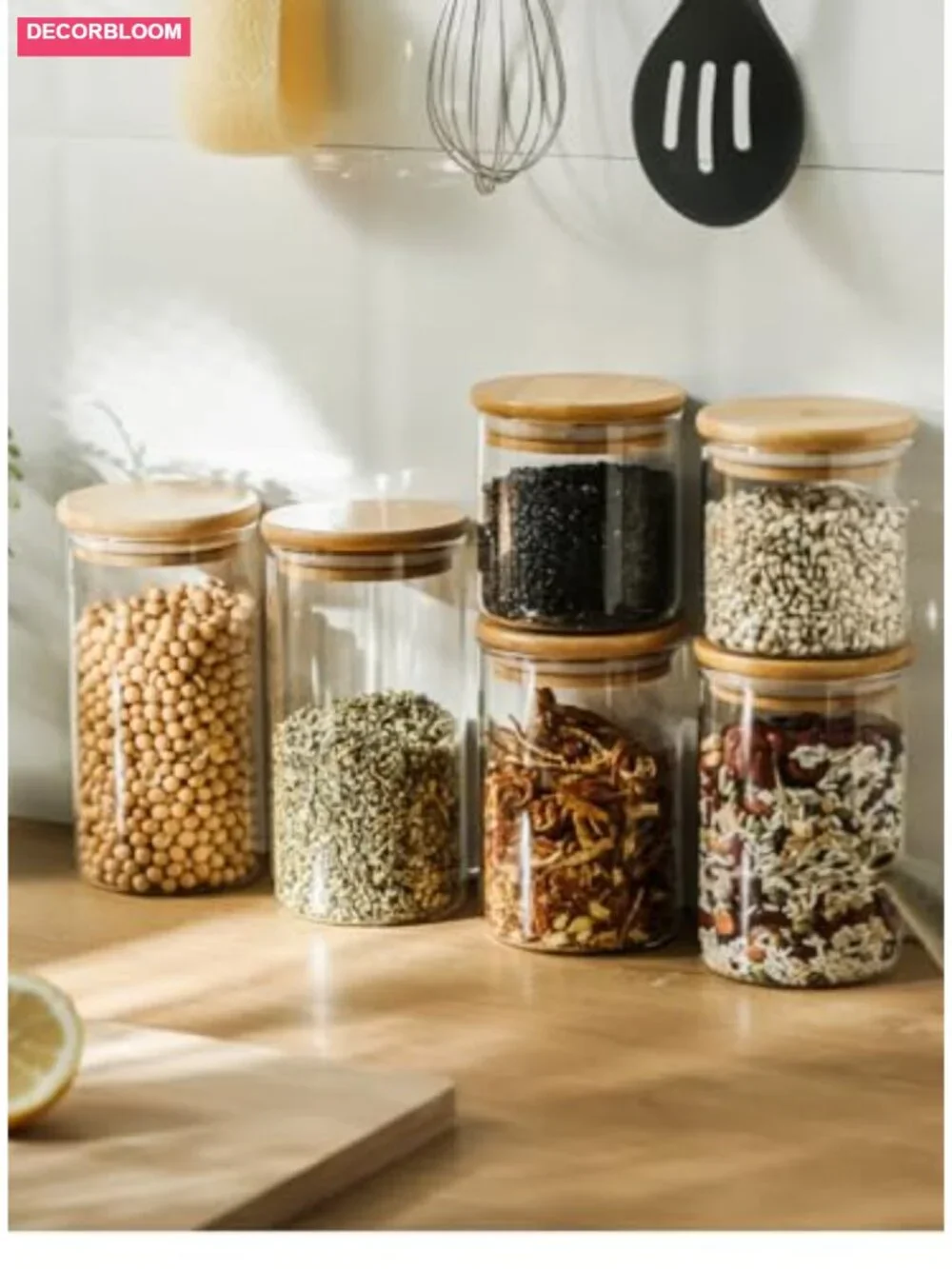 Set of 5 Glass Food Storage Jars with Bamboo Lids Airtight Kitchen Canisters